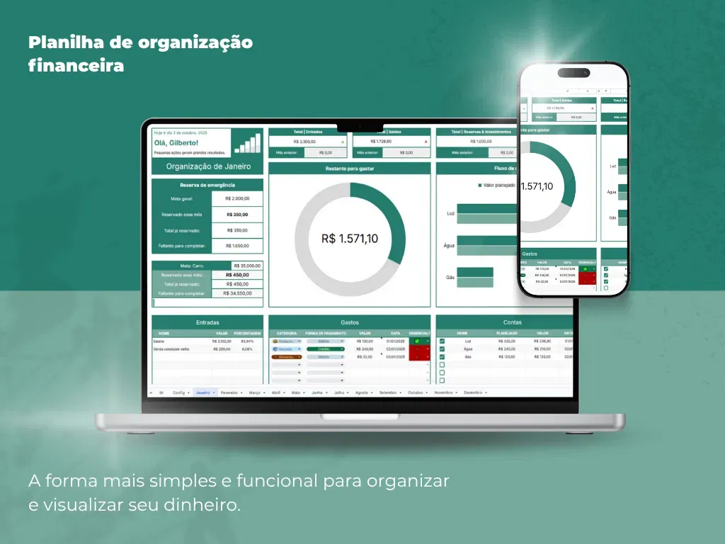 Mockup da Planilha Financeira em notebook e celular